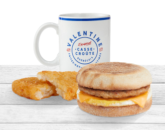 Picture of EGG & SAUSAGE ON ENGLISH MUFFIN, HASH BROWN & COFFEE